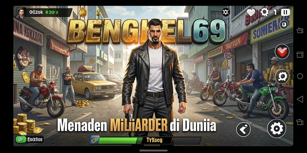 Screenshot gameplay BENGKEL69 menunjukkan aktivitas bengkel yang sibuk.