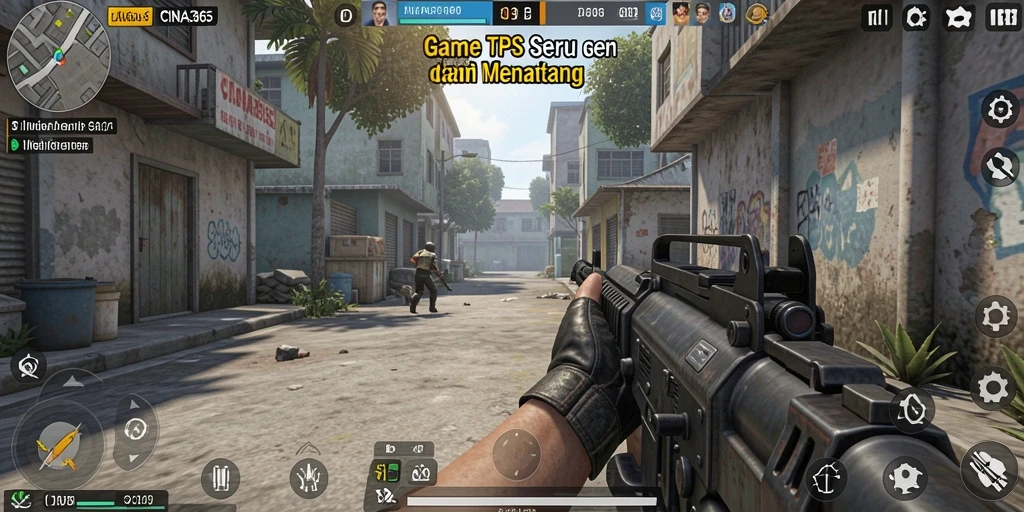 Screenshot utama CINA365 menampilkan aksi seru dalam gameplay TPS.