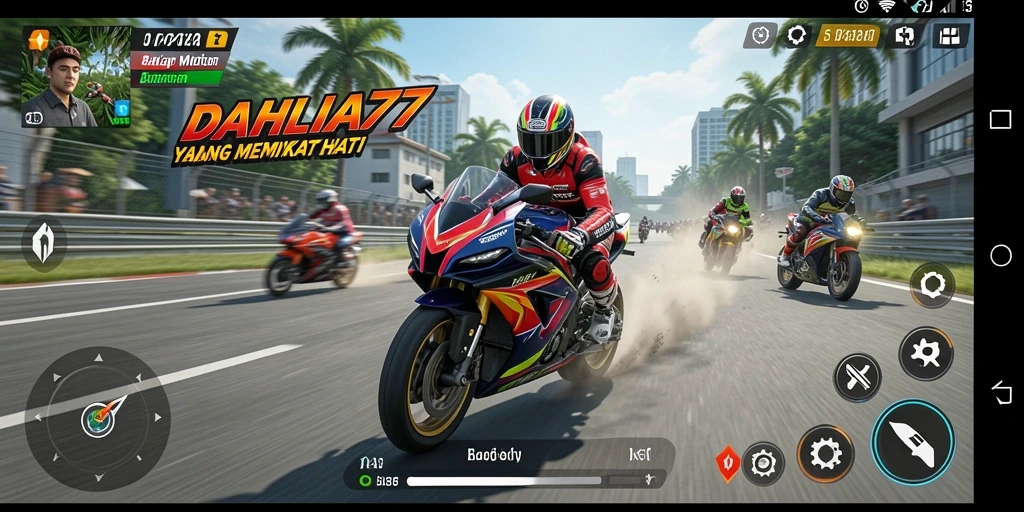 Gameplay seru DAHLIA77 dengan balapan motor yang intens.