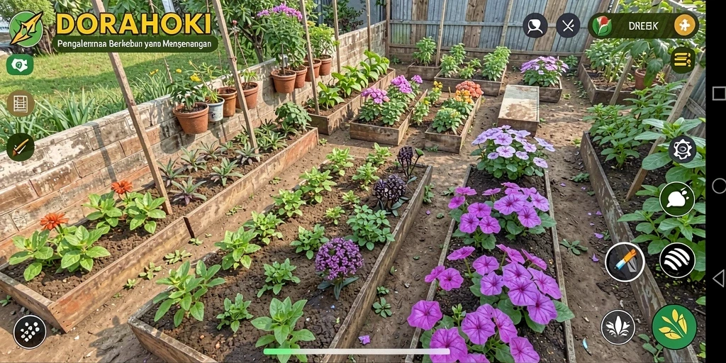 Tampilan gameplay DORAHOKI dengan kebun yang indah dan hewan ternak.