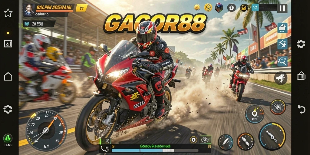 Screenshot utama GACOR88 menunjukkan aksi balapan motor yang mendebarkan.