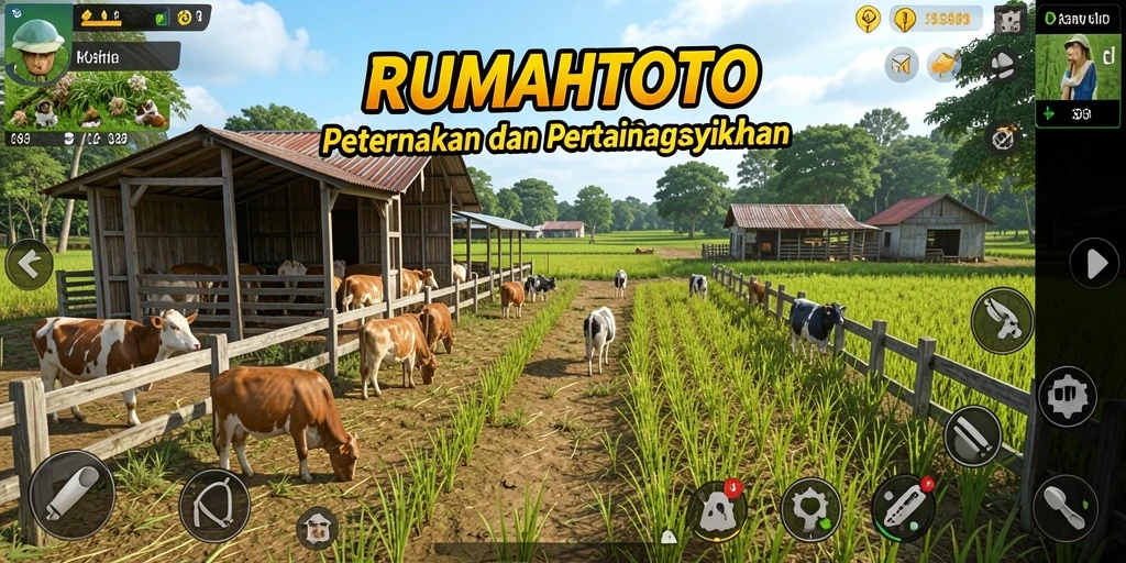 Gameplay RUMAHTOTO menunjukkan aktivitas bertani yang ceria.
