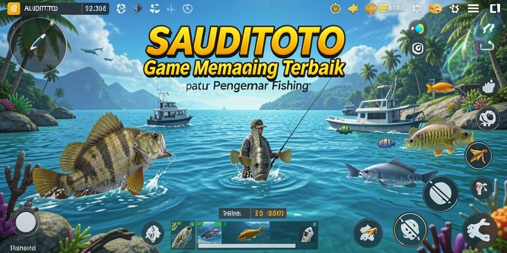 Tampilan gameplay SAUDITOTO dengan momen menangkap ikan yang mendebarkan.