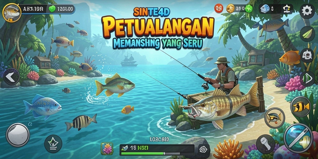 Screenshot gameplay SINTE4D yang menampilkan pengalaman memancing yang seru.