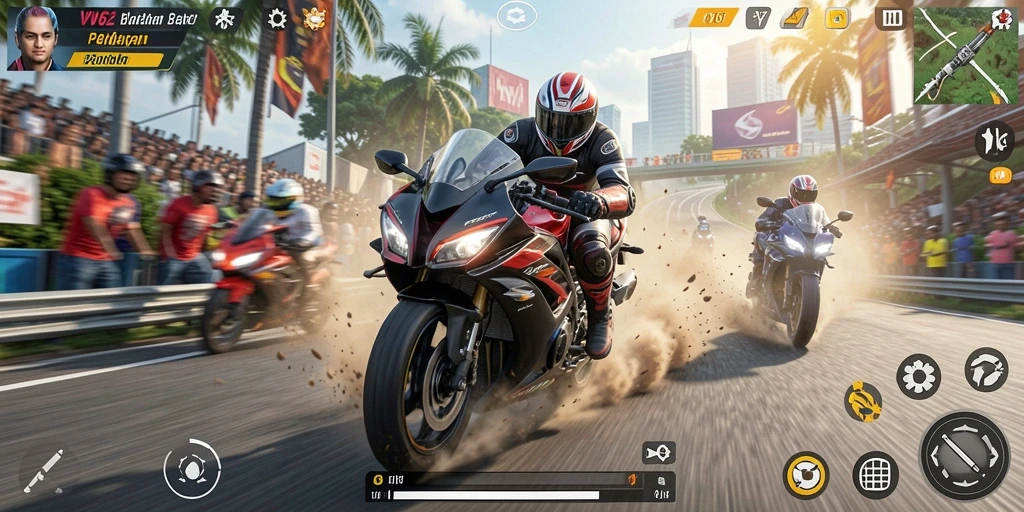 Screenshot utama VV62 menampilkan aksi balapan motor yang mendebarkan.